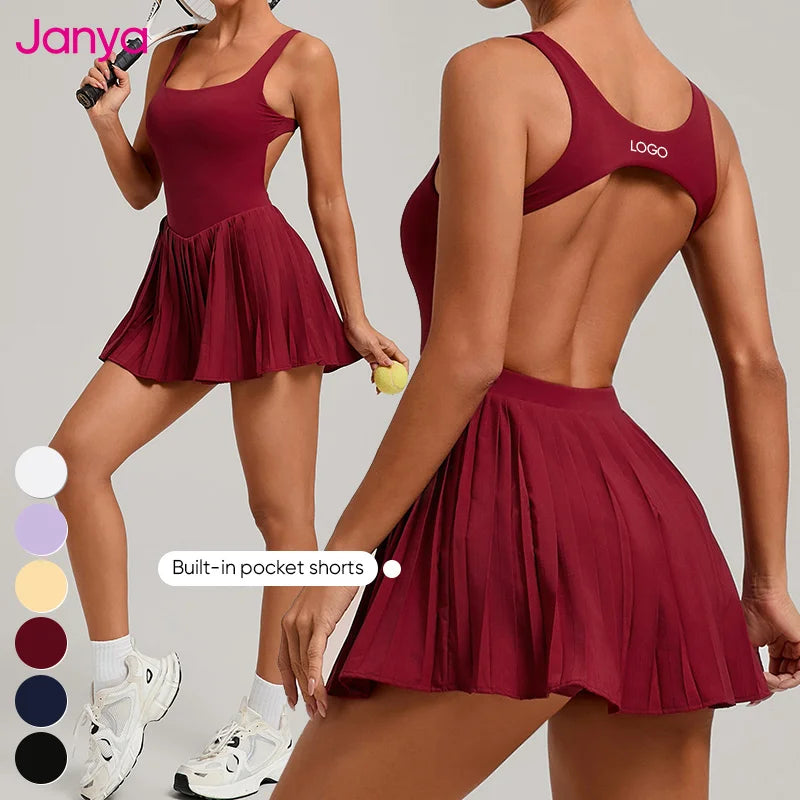Janya New Wholesale Women's Slim Fit Quick Dry Sports Clothes Breathable Athletic Fitness Dress Hollow Out Backless Tennis Wear