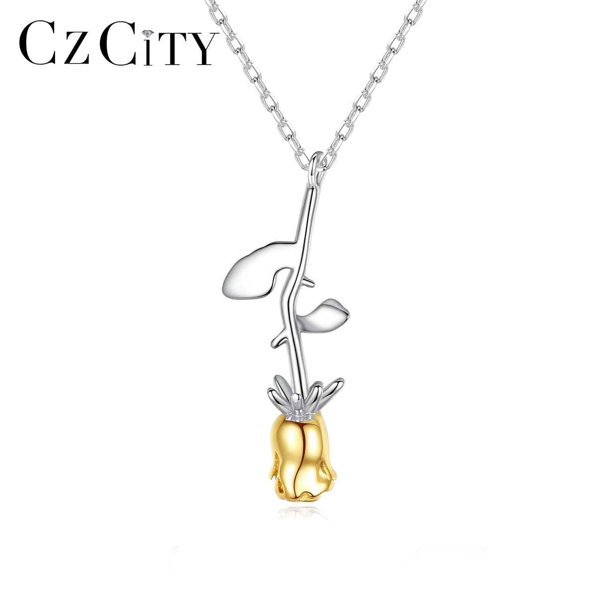 CZCITY Double Gold Plated Custom Chain Jewelry Woman Girl Gold 925 Silver Rose Flower Necklace