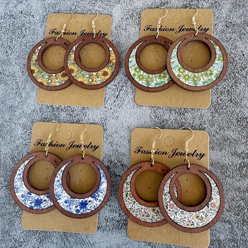 Vintage Flower Wood Earrings Fashion Hoop Earrings Mother's Day Gift for Women