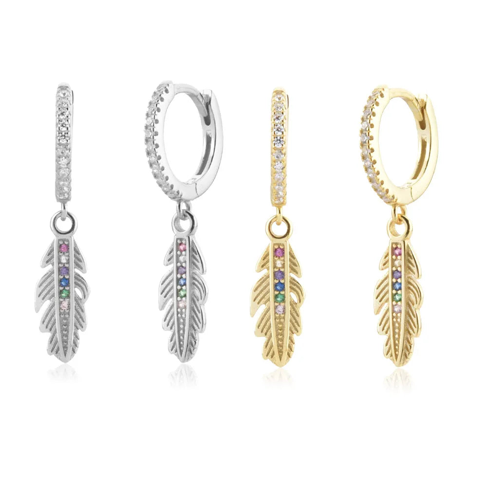 FUAMAY Vintage Aretes De Plata 925 Silver Rainbow CZ Zircon Long Feather Bohemia Earrings