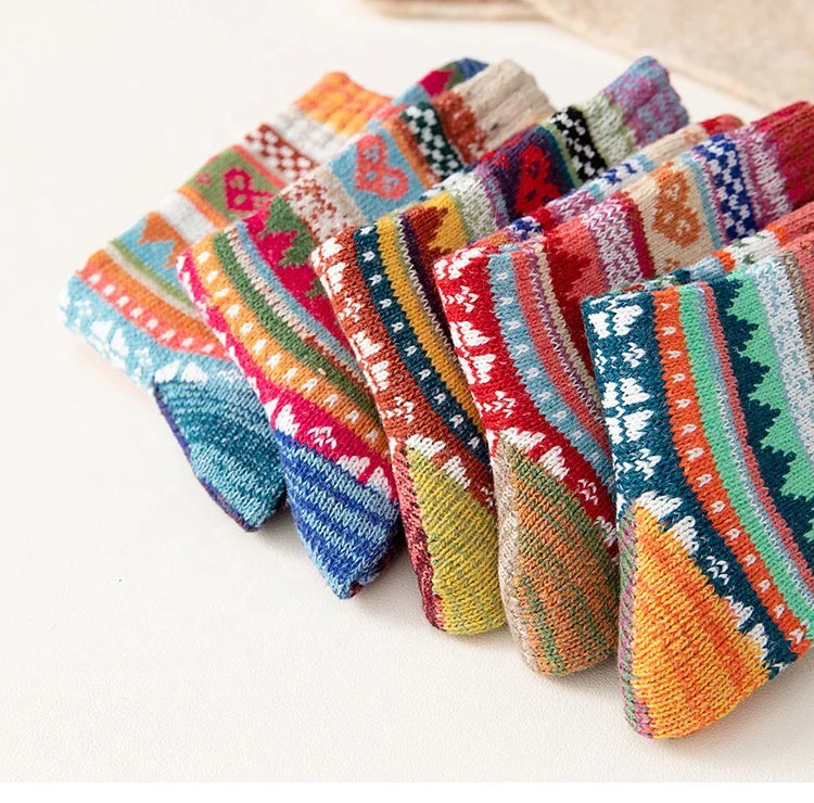 Multi-style 5 Pairs Vintage Nordic Thick Winter Warm Breathable Knitted Crew Daily Spandex/Polyester/Cotton Women Socks