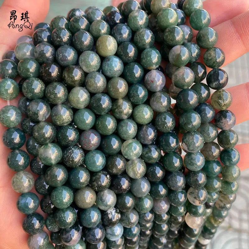 Natural Stone Smooth Moss Agate Round Gemstone Loose Beads DIY Bracelet for Jewelry Making