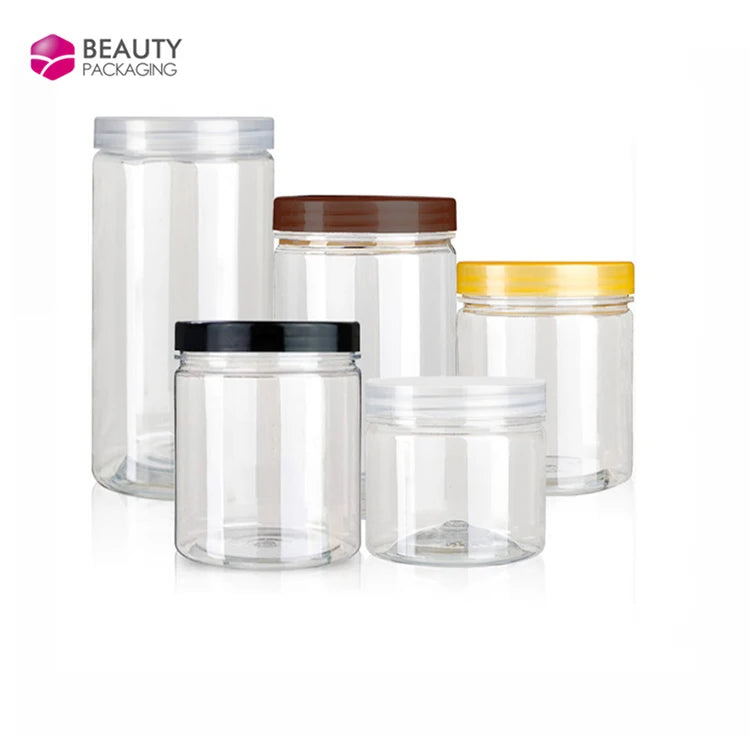 Round Clear Plastic PET Jars for Cosmetic Body Scrub Snack Cookie Containers with Customized Sizes & Colors