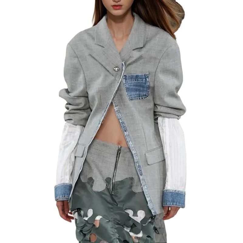 For TWOTWINSTYLE Women's Fashionable Denim Jacket Notched Collar Patchwork Pocket Long Sleeves Woven Casual for Autumn
