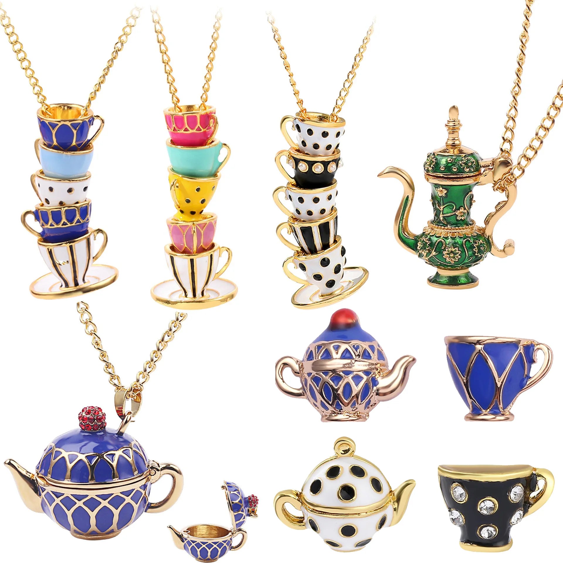 Wholesale Teapot Enamel Tea Cup Pendant Earring Charm Sweater Necklaces for Women