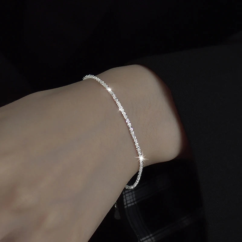 INS Style Girls 925 Sterling Silver Sparkling 2mm Hand Chain Link Stackable Bracelets Decoration for Women Daily Wear