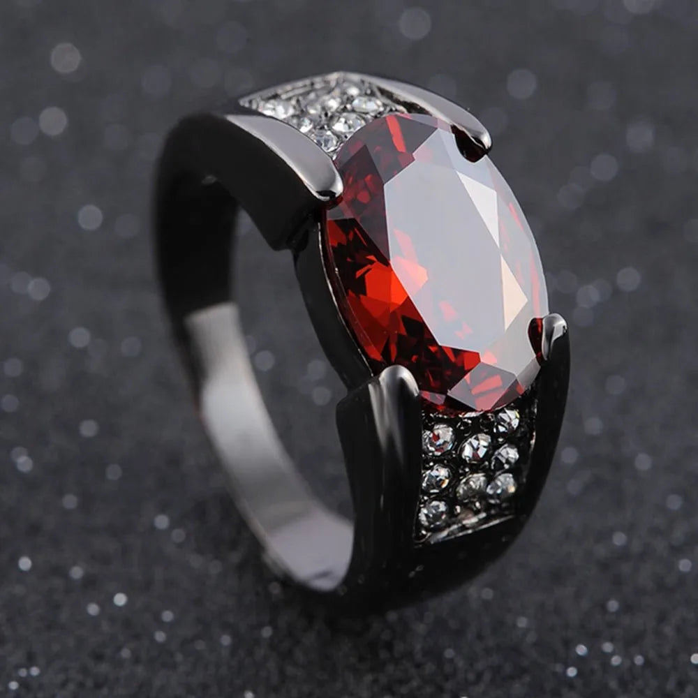 Retro Turkish Handmade Black Men Rings Vintage Carved Eagle Pattern Red Zircon Stone Rings Punk Muslim Jewelry