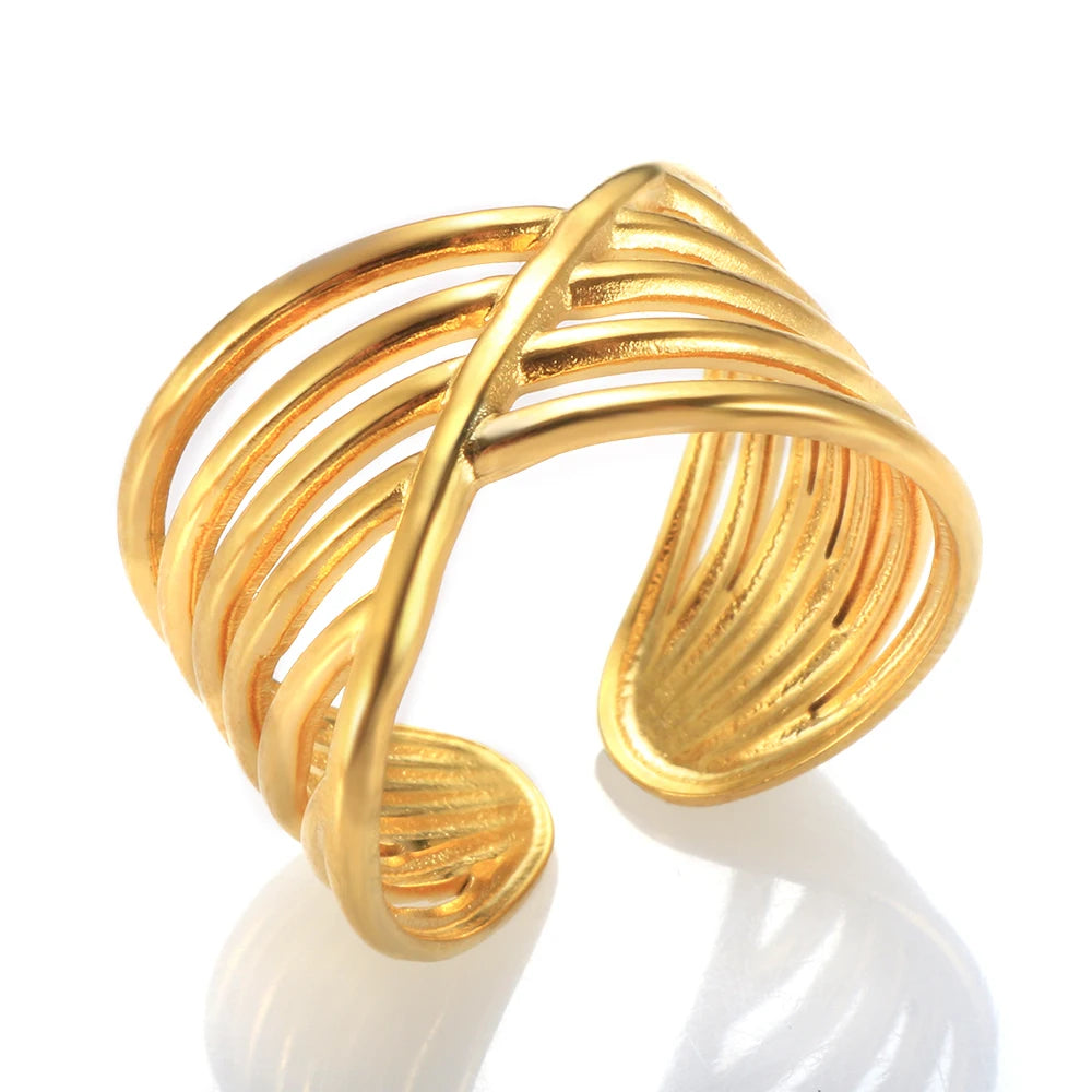 Wholesale Tarnish Free Waterpoof High End 18K Gold Plated Adjustable Open Rings Stainless Steel Rings for Women Trendy Ring