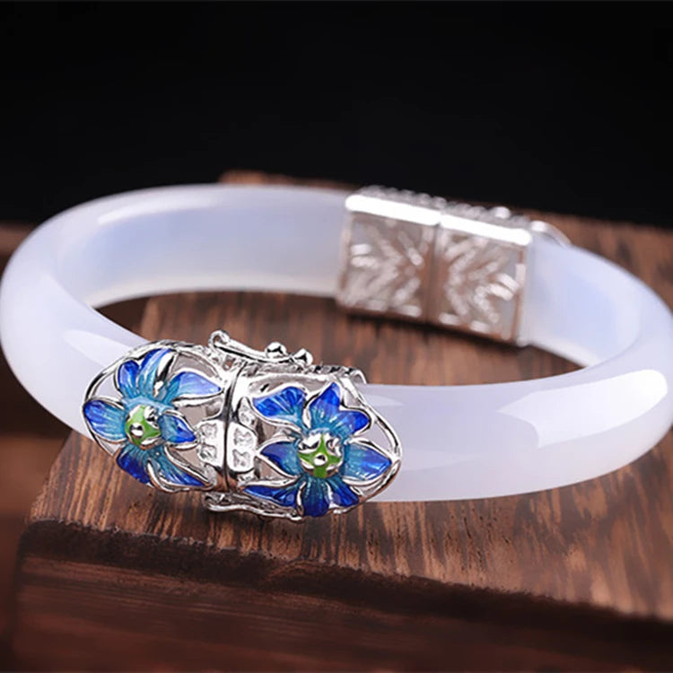 Bangle Bracelet Silver Charm Bangles for Women Fashion Sterling Silver Jade Jewelry Female Open White Chalcedony Bangle