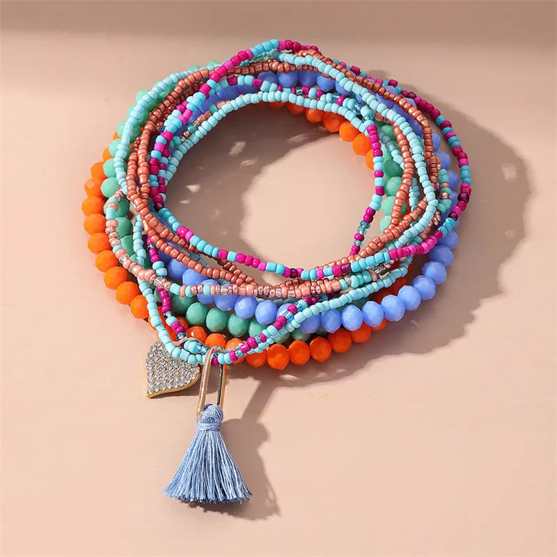 Boho Traditional Anklet Chain Heart Charms Tassels Woven Beads Glass Chip Anklet Fancy Fine Custom Anklets for Women