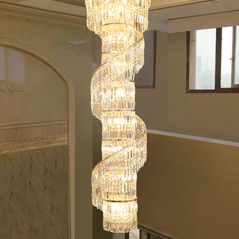 Modern K9 Crystal Chandelier Long Staircase Lights Spiral Ladder Luxury Crystal Hanging Fixtures Pendant Lighting