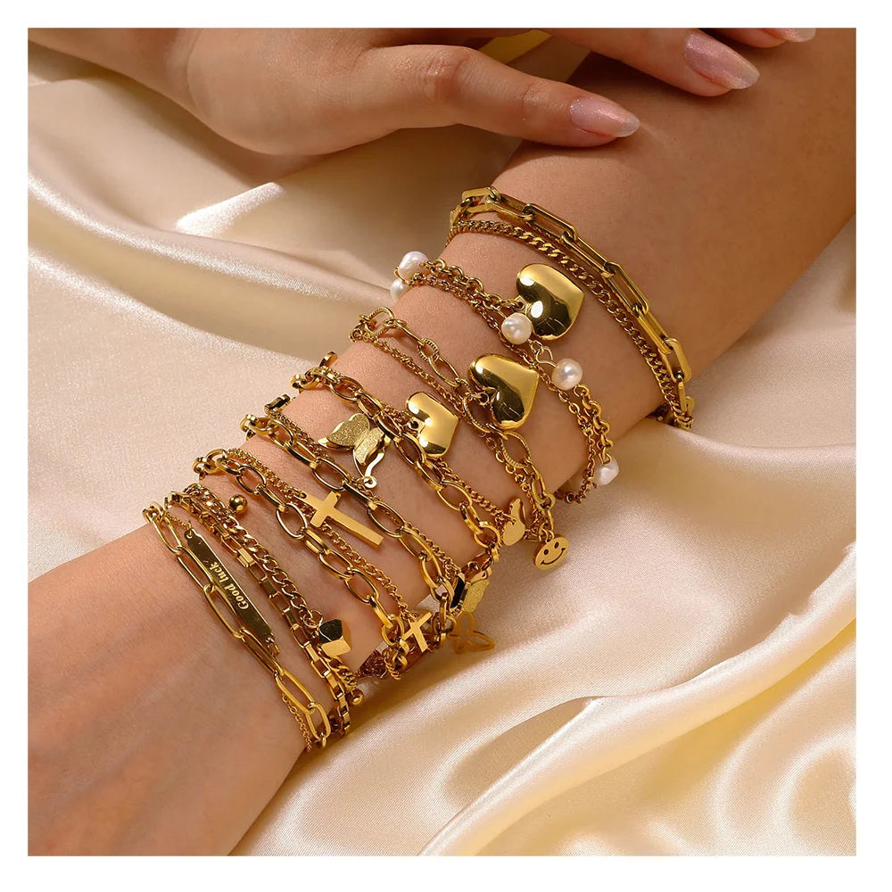 New Arrival Adjustable Double Layer 18k Gold Plated Stainless Steel Heart Charms Anti Tarnish Bracelet for Women