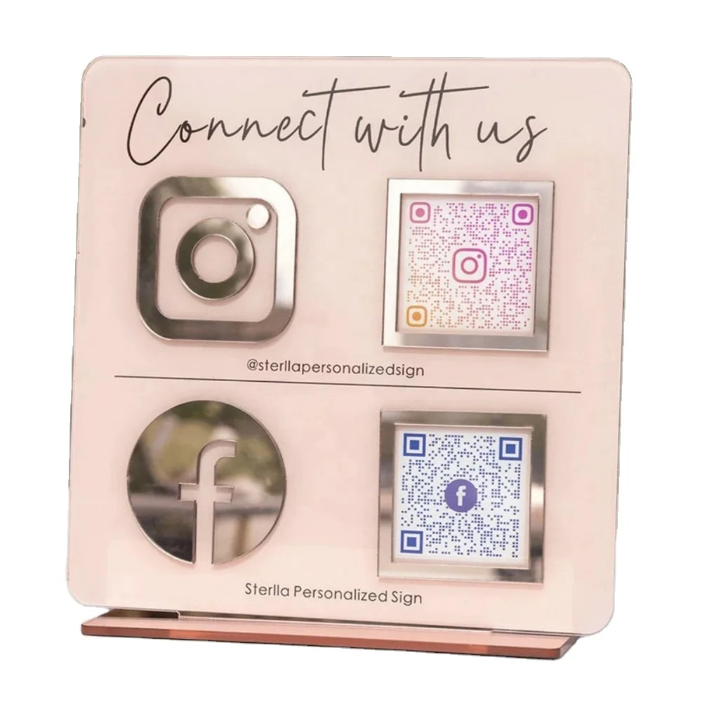 Business Sign Social Media Boards QR Code Sign Iocn Instagram Facebook Scan to Pay Salon Luxury Sign Acrylic Qr Code Stand MegaBDM