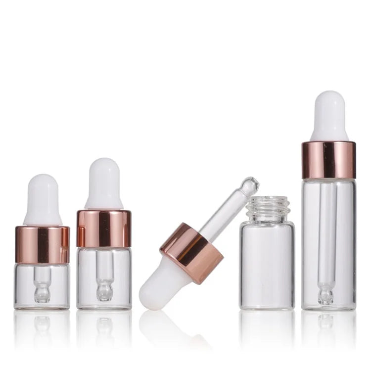 2023 Popular Small Sample Cosmetic Packaging 1ml 2ml 3ml 5ml Refill Rose Gold pink Essential Oil Glass Dropper Bottle