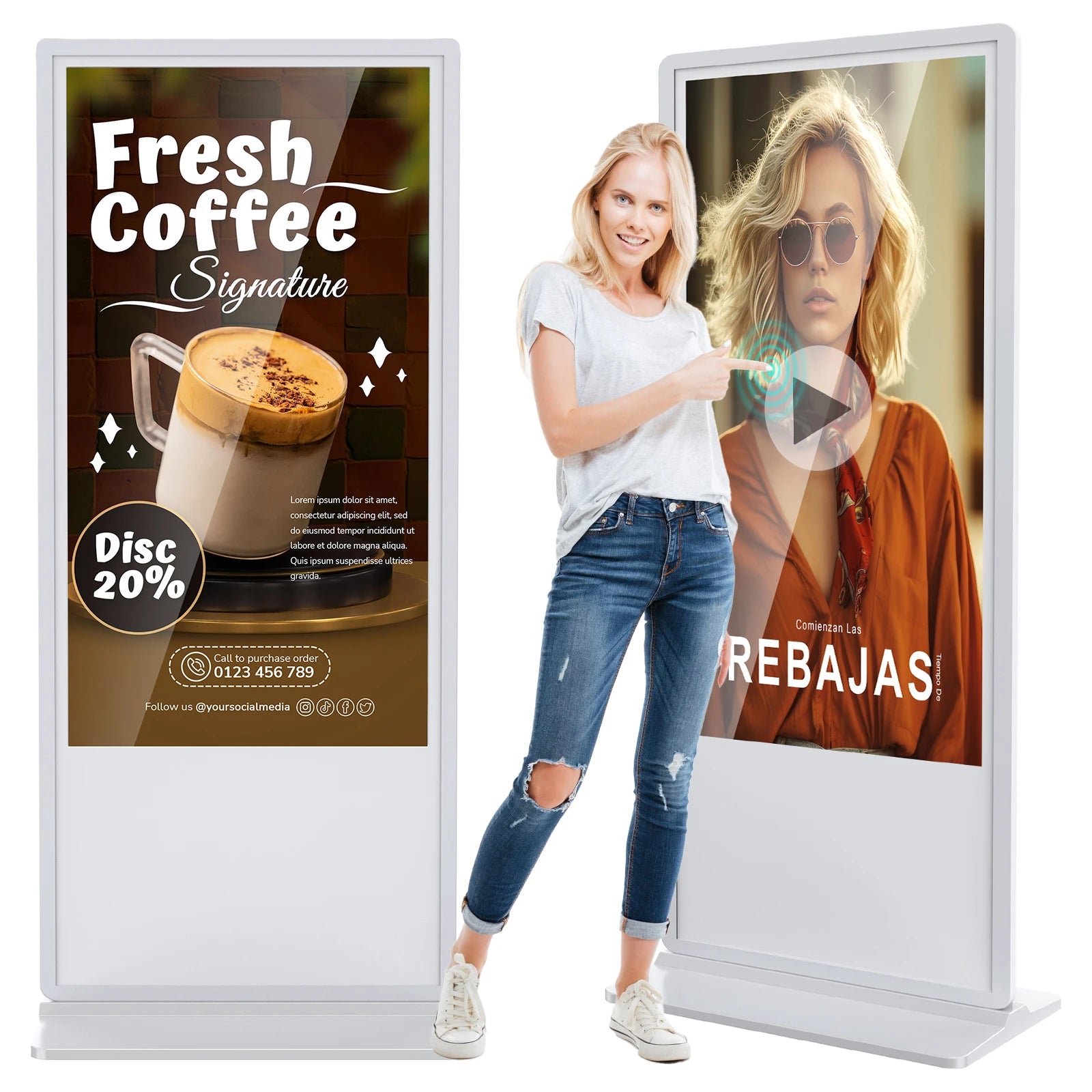 MWE Fast Shipping 65inch White Floor Standing Digital Signage and Display LCD Screen Totem Kiosk Indoor Advertising Player Totem