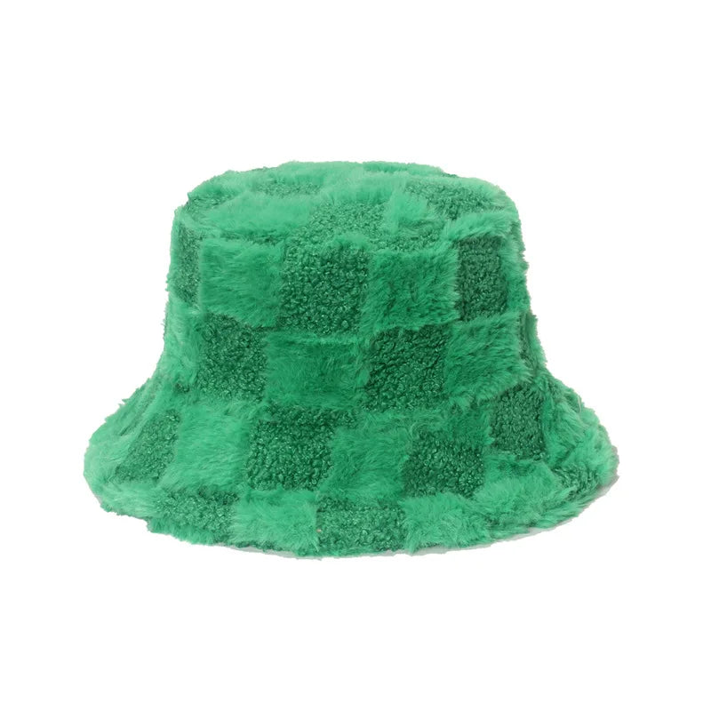 Plaid Winter Solid Bucket Hats  Fleece Women Plush Cap Warm Soft  Adjustable  Fisherman Hat