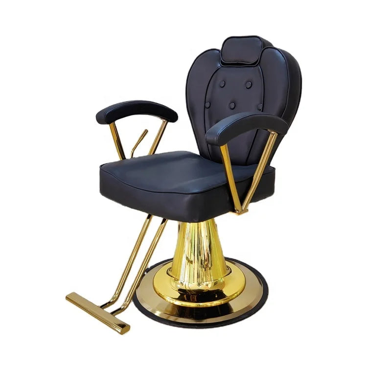 Kisen Black Swivel Barber Chair Cheap Price All Purpose Recliner With Gold Round Base for Hair Salon Styling