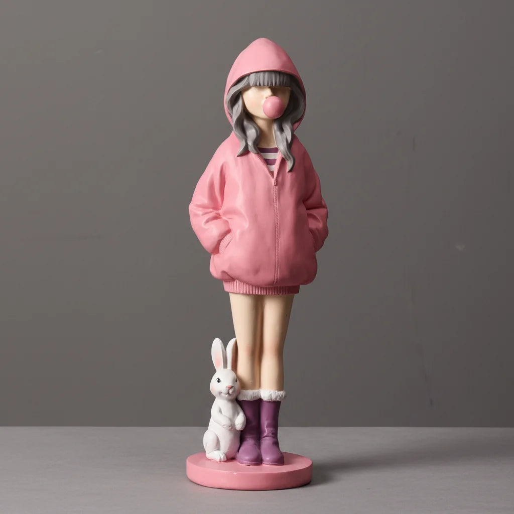 Minimalism White Cute Girl Sculpture Blow Gold Bubbles With Rabbit Bedroom Decoration Resin Crafts