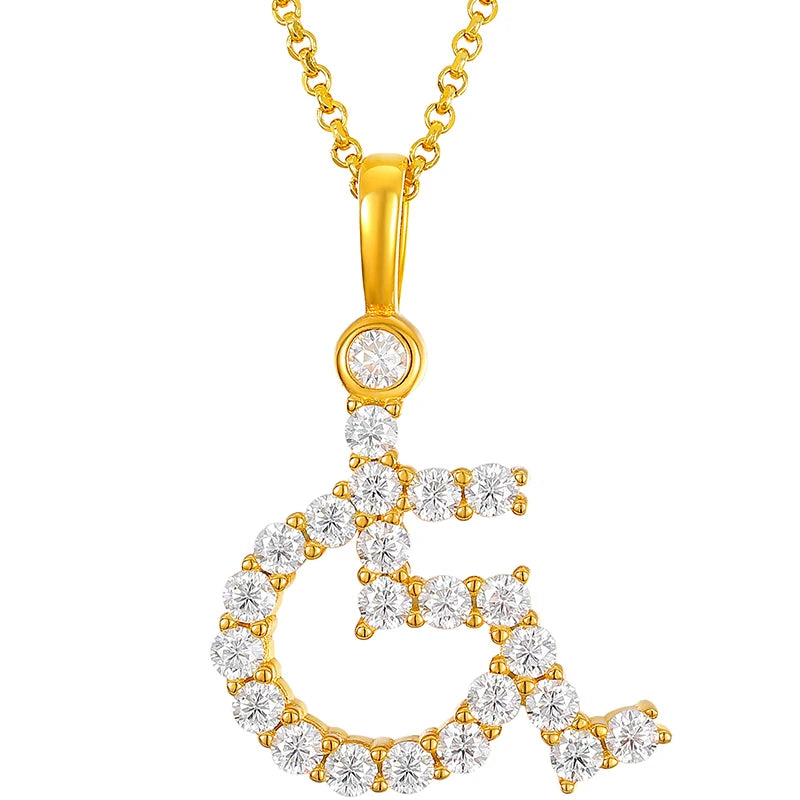 Drop Shipping Fancy Design Wheelchair Statement Charm Jewelry Necklace Gold Silver Plated Silver Moissanite Pendant