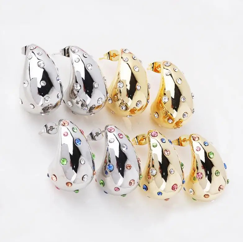 Caicai 18K Gold Plated Tear Drop Punk Earrings Stainless Steel Hollow Zirconia Pearl Waterdrop Stud Earring for Girl Earrings