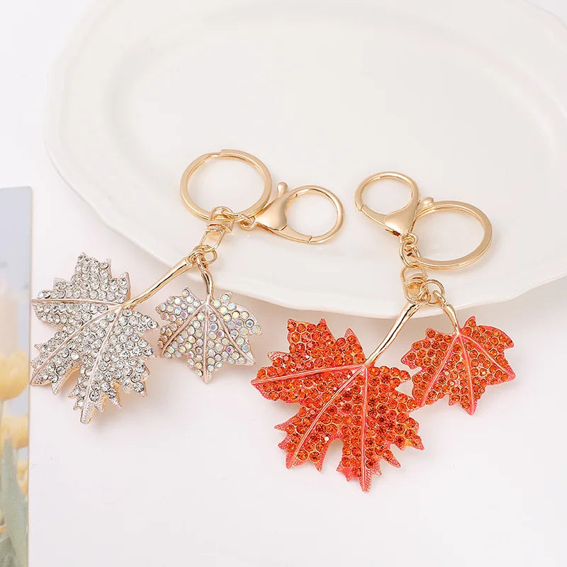 Custom Maple Leaf Rhinestone studded Keychain Accessories Purse Bag Pendants Charms Women
