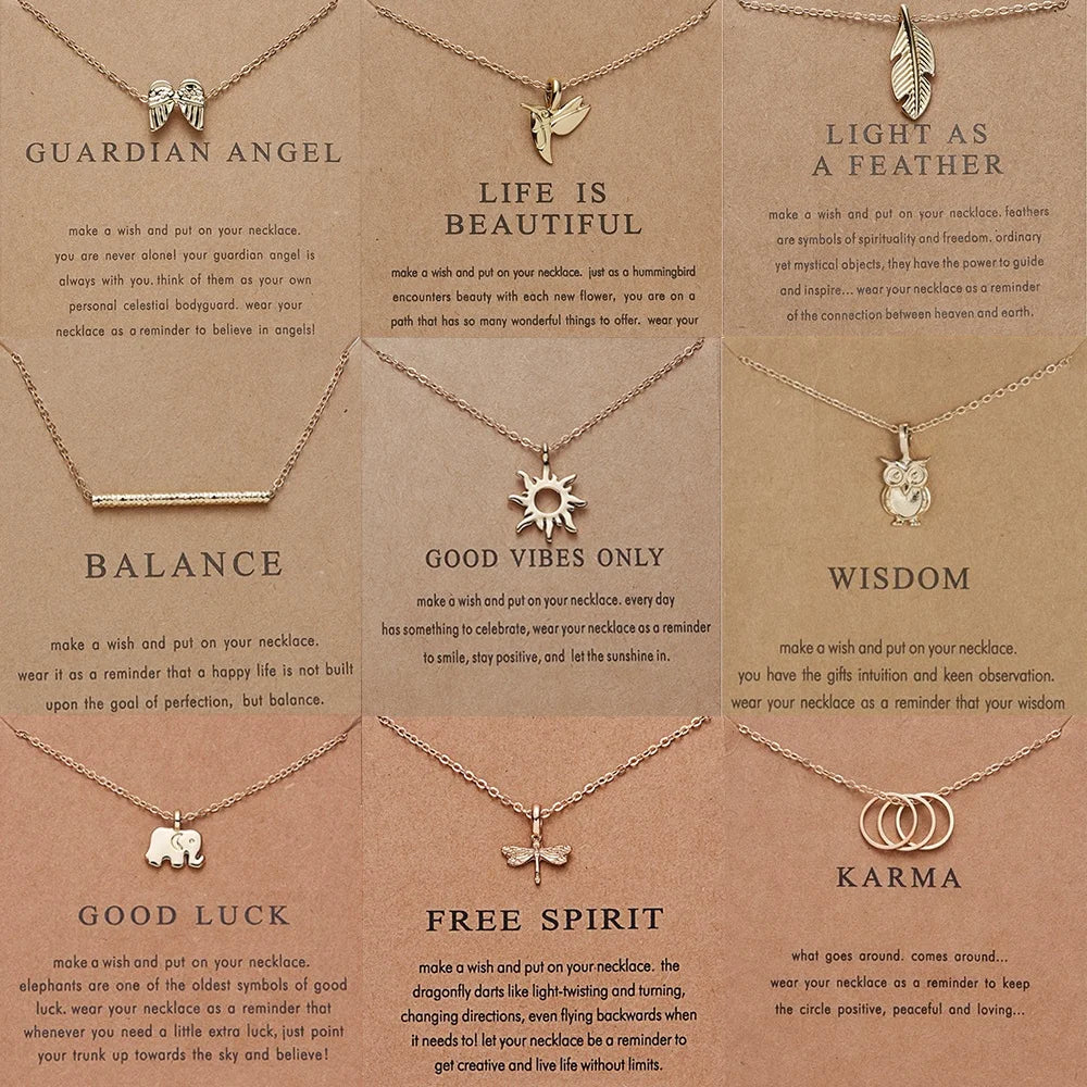 Fashion Creative Gift Gold Plated Charm Pendants Good Luck Karma Balance Make a Wish Card Lady Women Necklace Jewelry for Girls