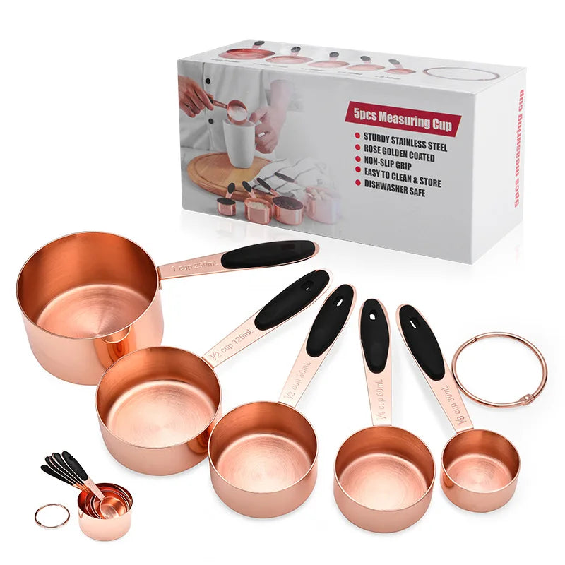 Eco-Friendly Food Grade Stainless Steel Rose Gold Measuring Cup Set for Baking