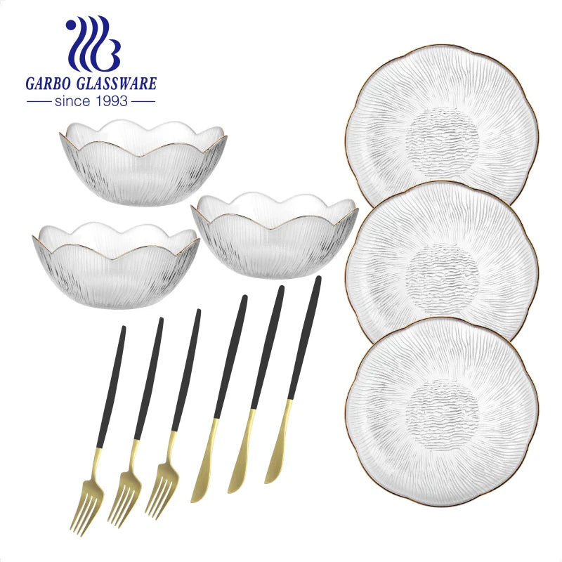12pcs Glass Plate Bowl and Flatware Set Glass + Cutlery Set