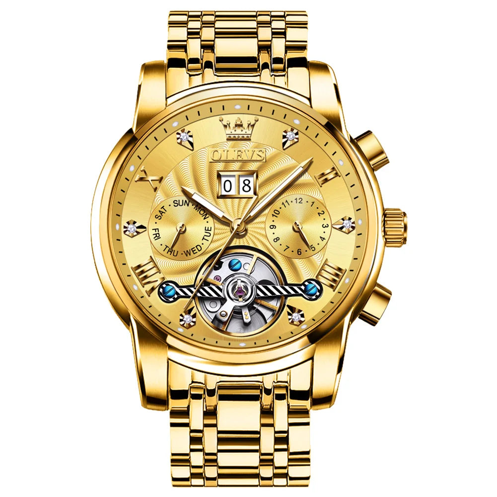 Olevs Sports  Automatic Tourbillon Slef Wind Luxury  Waterproof  Metal Classic Cool Stainless Steel   Luminous Date  Men Watch