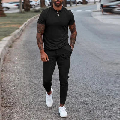 New Men Clothes Short Sleeve Trendy Casual Youth Men Two Piece Sets Solid Color Men Set