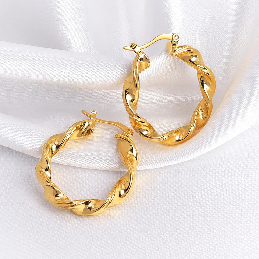 Fashion Trendy Boho Stainless Steel Gold Plate Vintage Chunky Twisted Hoop Earrings Jewelry for Women