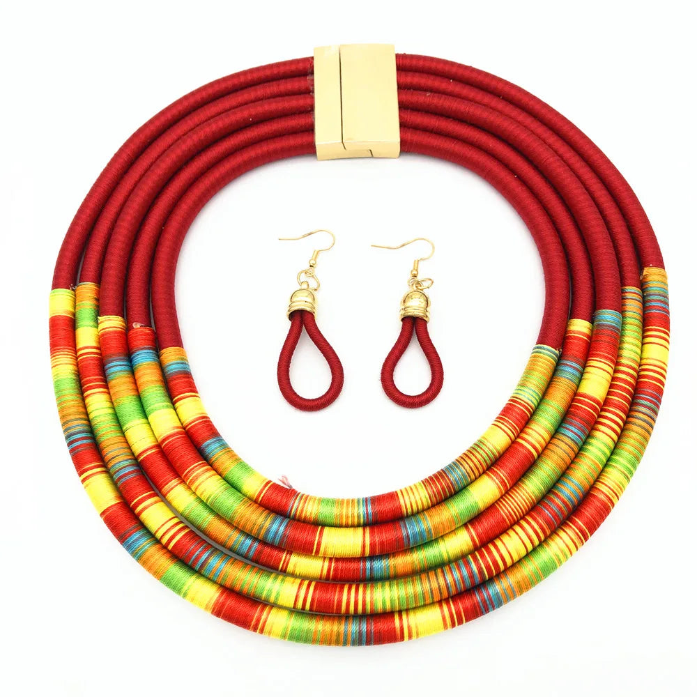 New Designs Women Colorful Rope Magnetism Button Statement Necklace Earrings Set