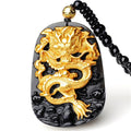 Yellow Gold Inlay Natural Obsidian Carved Chinese Dragon  Lucky Amulet Pendant Necklace Jewelry Gift Women Men