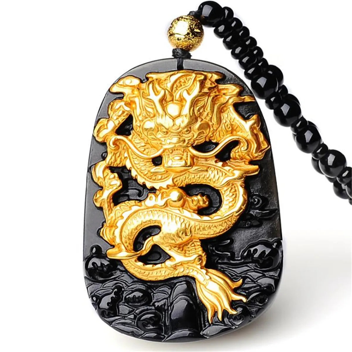 Yellow Gold Inlay Natural Obsidian Carved Chinese Dragon  Lucky Amulet Pendant Necklace Jewelry Gift Women Men