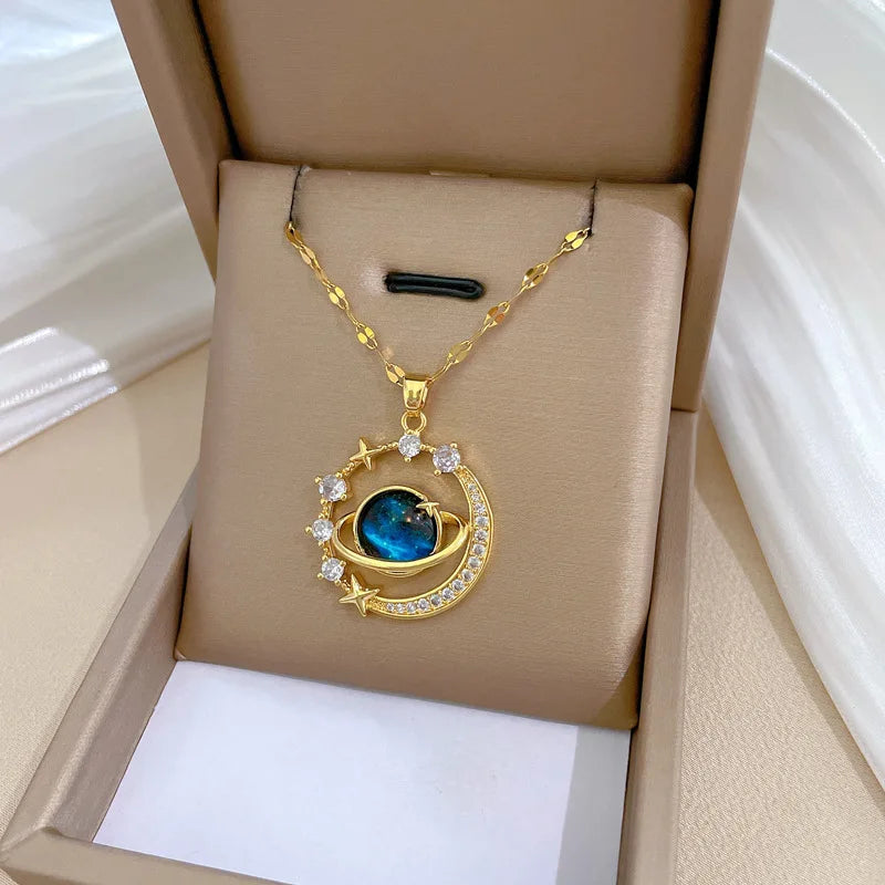 Light Luxury Titanium Steel Starry Planet Zircon Full Diamond Necklace for Women Collar Chain Wedding Engagement Jewelry