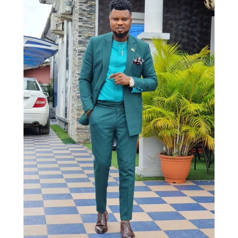 Green Costume Smart Men Suits Groom Wedding Business Elegant Jacket Pant 2 Pieces Gentleman Blazer Set Slim Fit Men's Suits