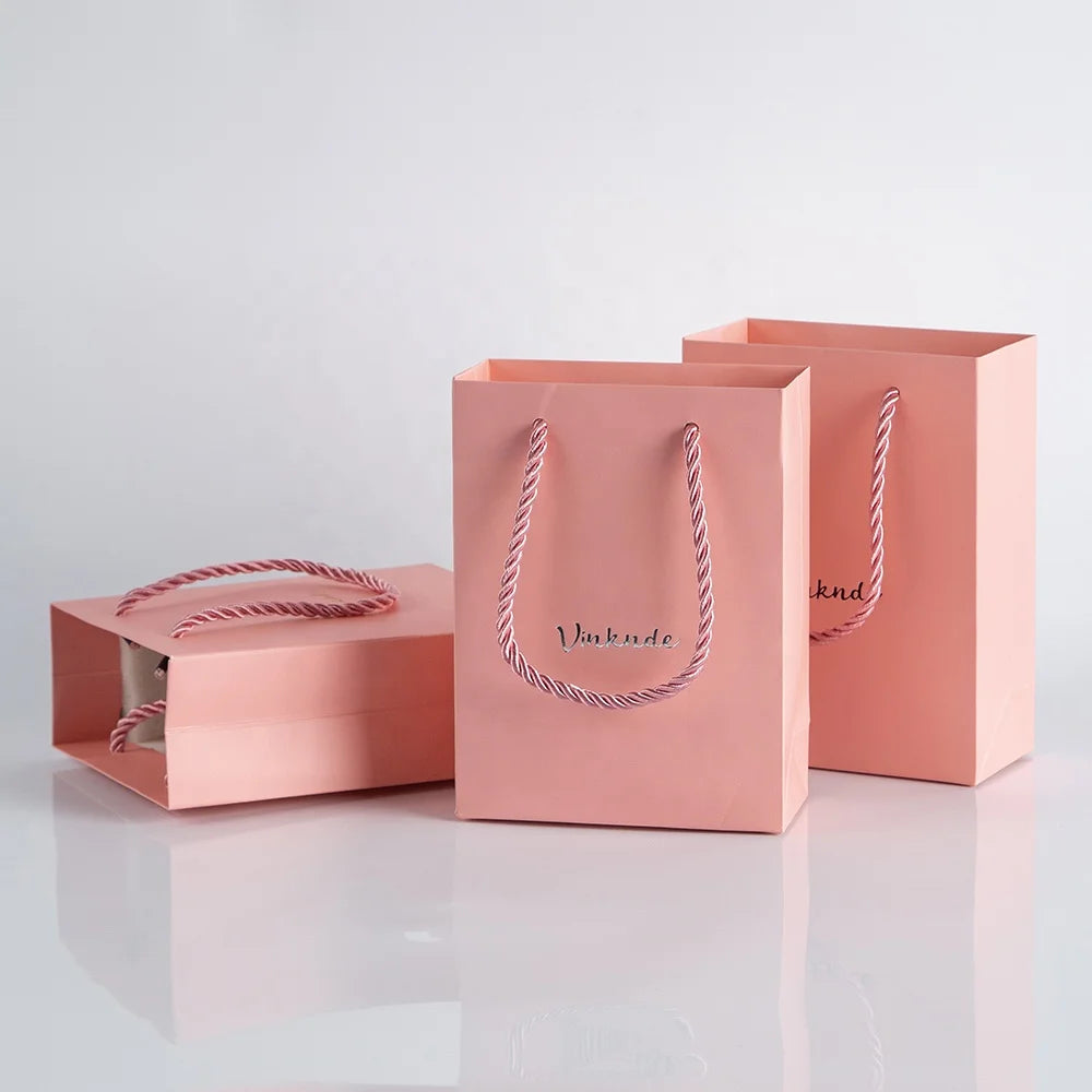 12x5.7x1.6cm Luxury Thick Paper Pink Recyclable Sturdy Kraft Bags for Boutique Business Craft Gift Birthday Present Bag