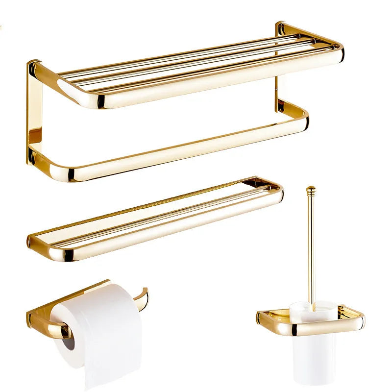 Durable Brass Eco-Friendly Four-Piece Polished Gold Bath Towel Bar and Rack Set MegaBDM