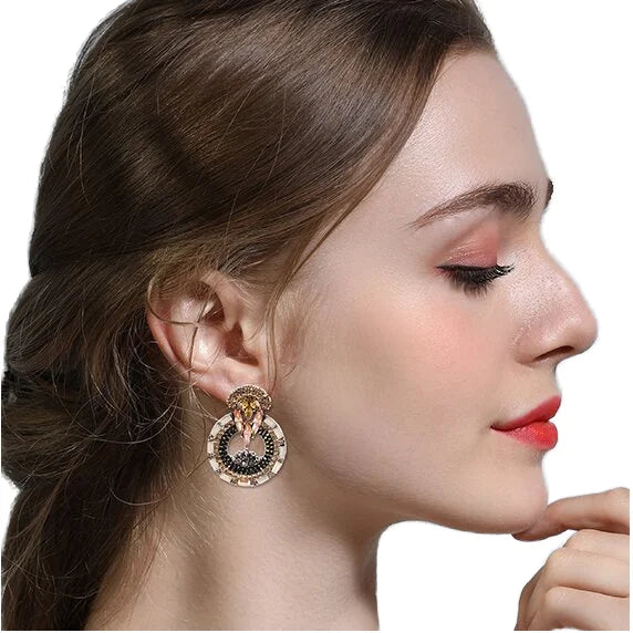 Vintage Gold Plated Diamond Crystal round Hoop Earrings Sparkle Rhinestone Geometric Bohemian Wedding Party Accessory for Women