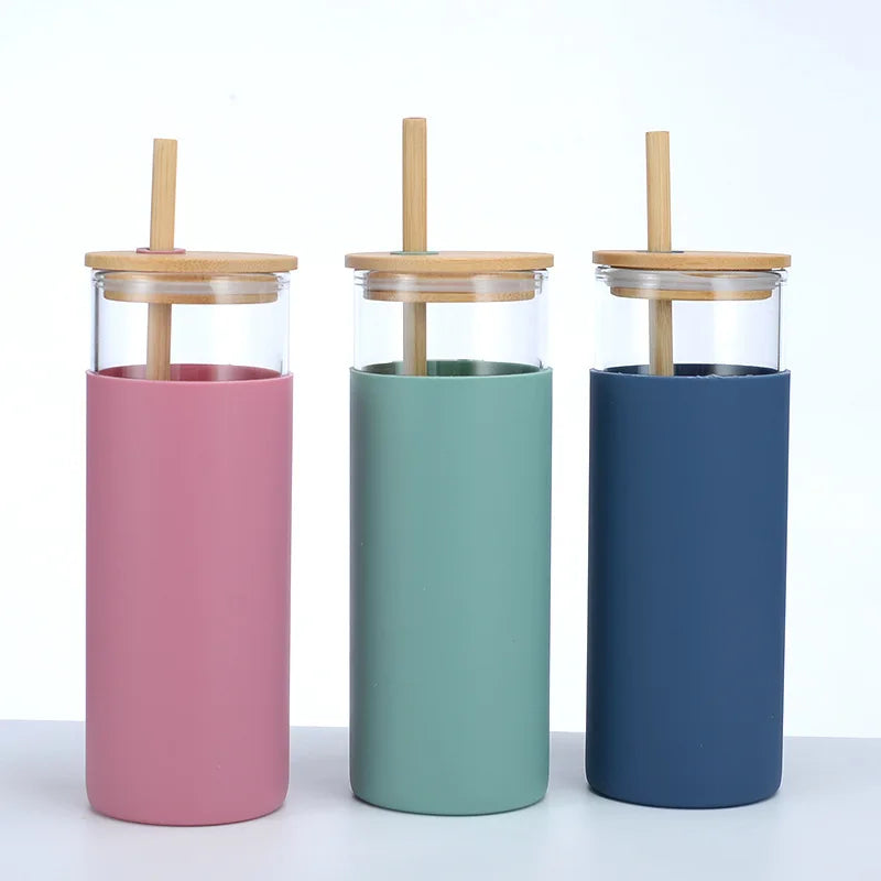 Travel Sports Gym Silicone Protective Sleeve Borosilicate Glass Bottle Cup Tumbler with Bamboo Lid and Straw