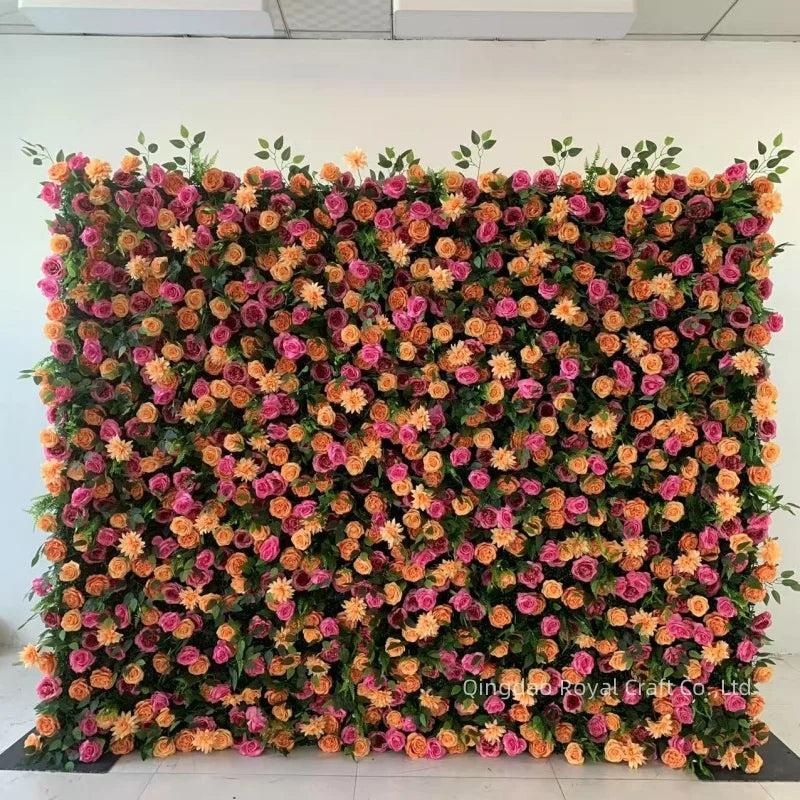 Floral 5d Roll up Artificial Silk Rose Flower Wall Backdrop Panel Pink Flower Wall for Wedding Home Salon Decor