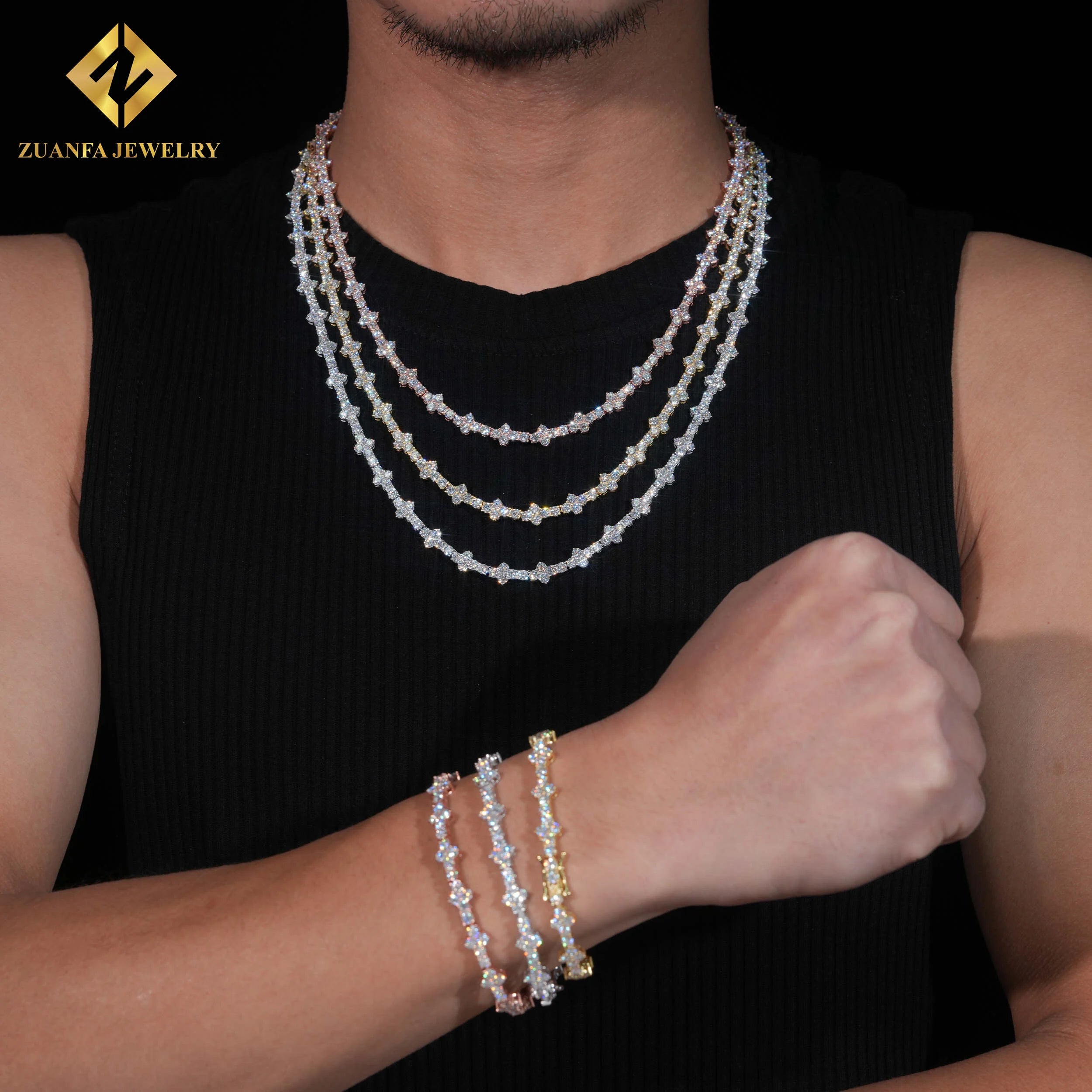 Hot Sale Cross Tennis Chain 925 Sterling Silver 18K Gold Plated 3mm Moissanite Diamond Tennis Chain & Bracelet Fine Jewelry