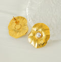 18K Gold Dubai Jewelry Retro Lotus Leaf Earrings Simple Style Stainless Steel Pearl Baroque Earrings Ready Stock Women's Earring