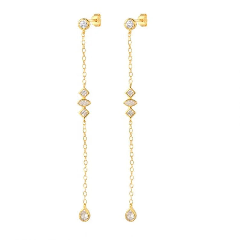 925 Sterling Silver Fashion Jewelry Earrings Geometric Zircon Pendant Long Tassel Chain Gold Plated Stud Earrings Women