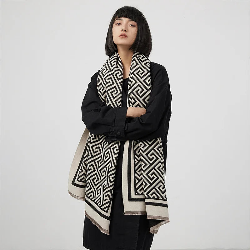 Fashion Italian Warm Scarf for Women Geometric Horse Pattern Thick Cashmere Neck Scarves Luxury Designer Winter Pashmina Shawls