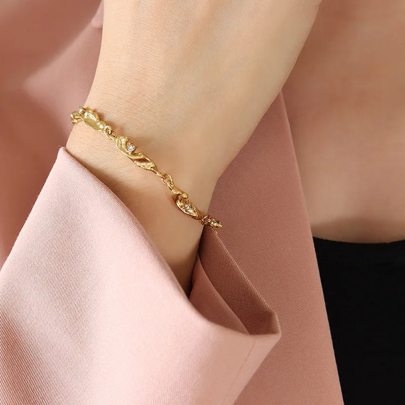 Special Shape Jewelry Bracelet Gold Plated Stainless Steel Cubic Zirconia for Women Tarnish Free Gift White 18K Geometric CN;ZHE