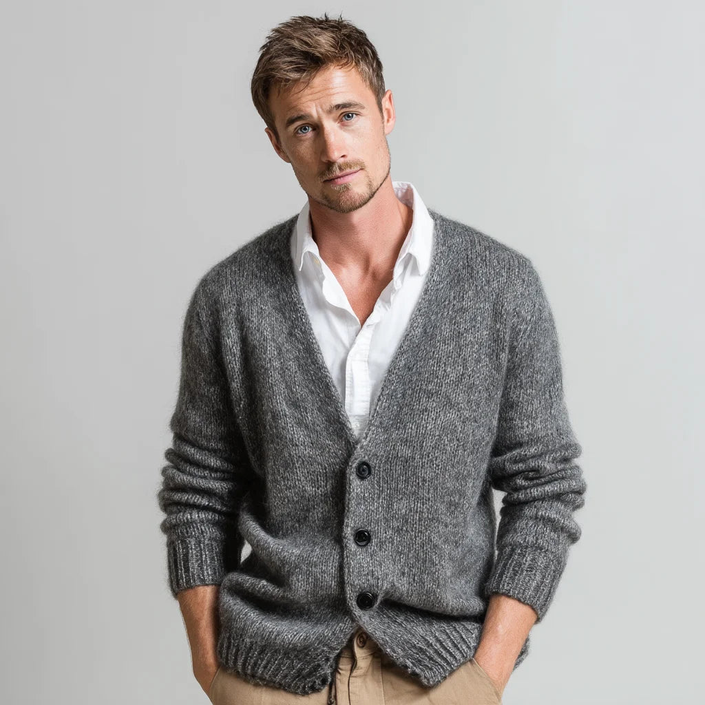 Men's Warm Mohair Button-Down Cardigan Knitwear Plush and Versatile for Autumn Layering