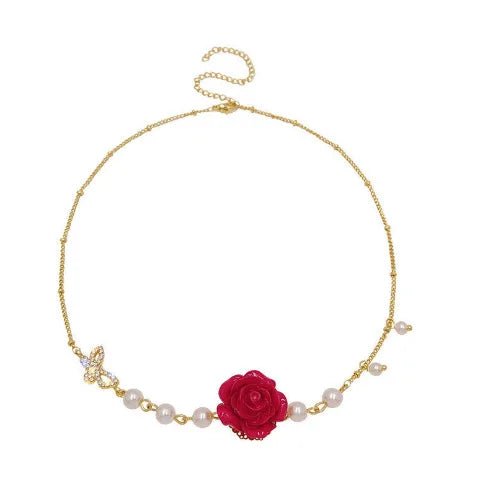 AA00413 New Arrival Pearl Choker Necklace Vintage Butterfly Rose Flower Fashion Jewelry Necklace for Women Girls