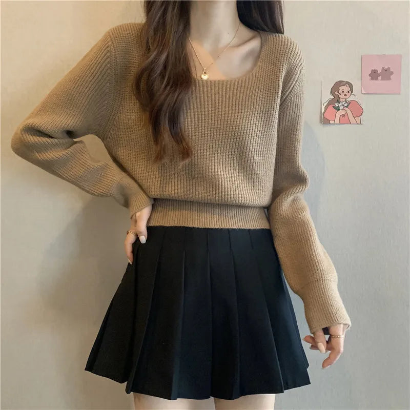 Y2k One Size Minimalist and Versatile Knit Sweater With Autumn New square Collar Bottom Fashion Pullover Sweater