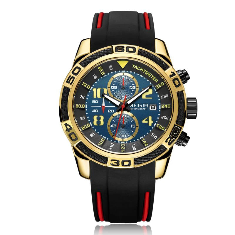 Jam Tangan MEGIR 2045 Water Resistant Silicone Sport Watch Gold Luxury Men Wrist Chronograph Watches